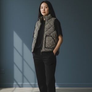 J. Crew Herringbone Down Feathers Vest Women Size XS Quilted Black Cream Preppy